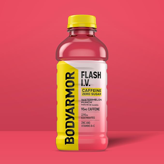 BODYARMOR Flash I.V. Zero Sugar + Caffeine Watermelon Punch Electrolyte Beverage Hydration Drink For Rapid Rehydration Post Workout Recovery 20 Fl Oz (Pack of 12)