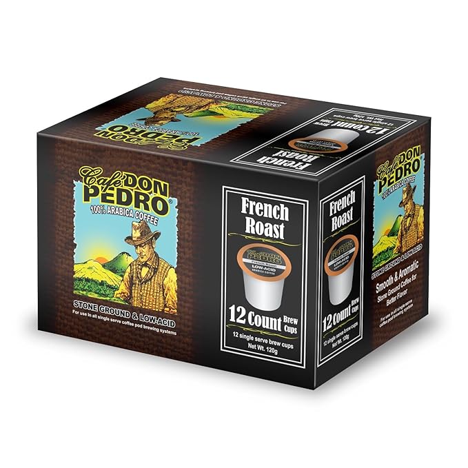 Cafe Don Pedro French Roast Low Acid Coffee Pods - Compatible with Keurig K-cup Coffee Maker Dark Roast 100% Arabica Battles Heartburn Acidic Reflux (72)
