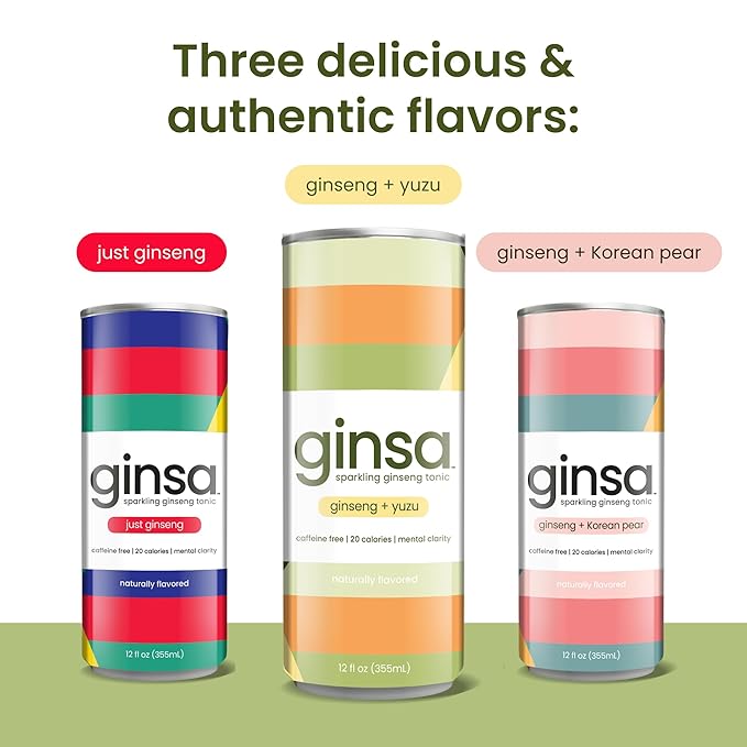ginsa Sparkling Ginseng Energy Drink with Korean Red Ginseng | Natural Energy Booster | Non-GMO Supports Focus &amp Clarity with Pure Ginseng Root No Caffeine | 12 Pack | 12oz | Ginseng + Yuzu Flav