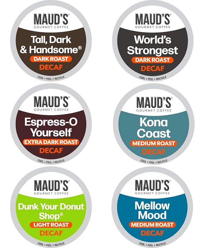 Maud's Decaf Coffee Pods Variety Pack 54 ct 6 Assorted Roasts &amp Flavors Decaf Dark &amp Medium Roast Coffee in Single Serve Pods - 100% Arabica Coffee Compatible with Keurig K Cups Maker
