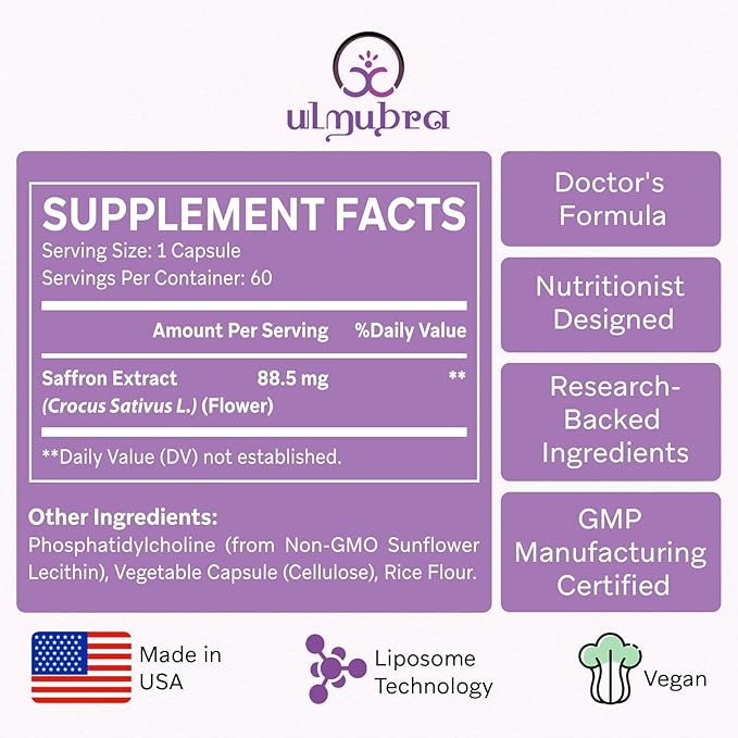 Liposomal Saffron Supplements 88.5 mg Maximum Absorption 100% Pure Saffron Extract Capsules for Mood Energy Vision &amp Focus - 60 Vegan Capsules