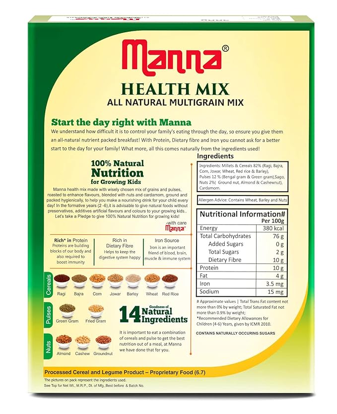 Manna Health Mix | 100% Natural Multigrain Nutrition Drink for Kids | Multi Millet Health Drink Mix Powder 1kg (500g x 2 Packs) | 14 Natural Ingredients