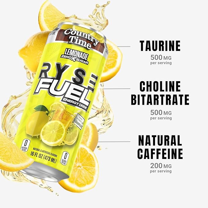 RYSE Fuel Energy Drink - Country Time Lemonade - Sugar Free Gluten Free &amp Vegan - 200mg Natural Caffeine Taurine &amp Choline for Focus &amp Energy - No Artificial Colors - 16 fl oz Cans (12-P