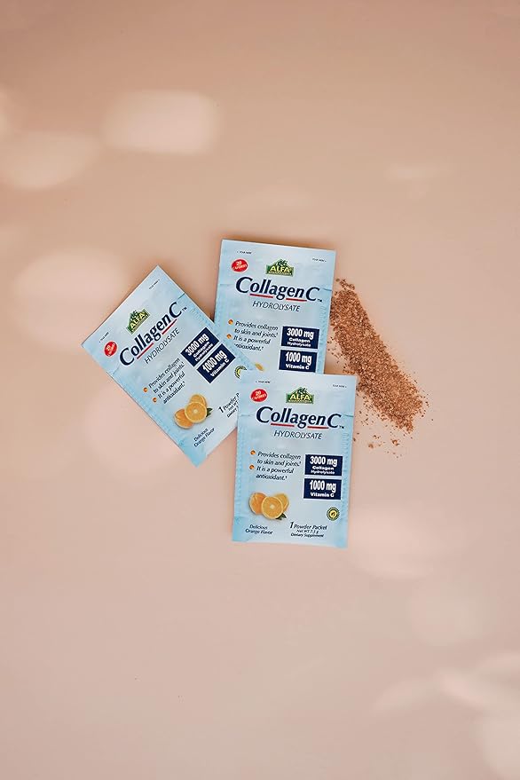 ALFA VITAMINS Collagen C Peptides Hydrolysate Powder Supplement Vitamin C 1000mg Gluten Free Hydrolyzed Collagen for Skin Hair Nails Joint &amp Bone Support Antioxidant 30 Sachets per Box 4 P