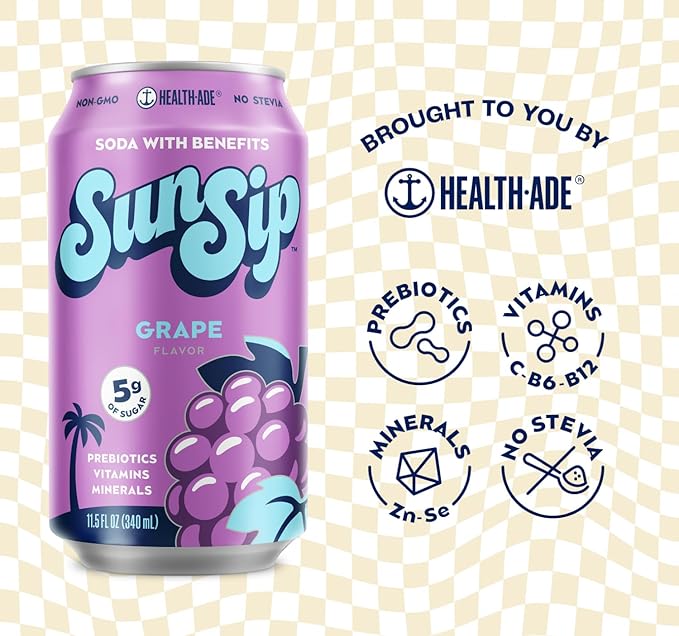 SunSip Prebiotic Soda by Health-Ade Better-for-You Soda Swap Beverage with Vitamins &amp Minerals Naturally Sweetened with 6g of Sugar Grape 11.5 oz (12 Pack)