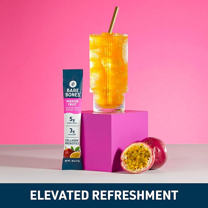 Bare Bones Passion Fruit Elevated Drink Mix | Light &amp Flavorful | Gluten-Free &amp Naturally Sweetened | On-the-Go Stick Single-Serve Packs Powdered Refreshment | 5g Protein | 16 Packets (.60 oz)