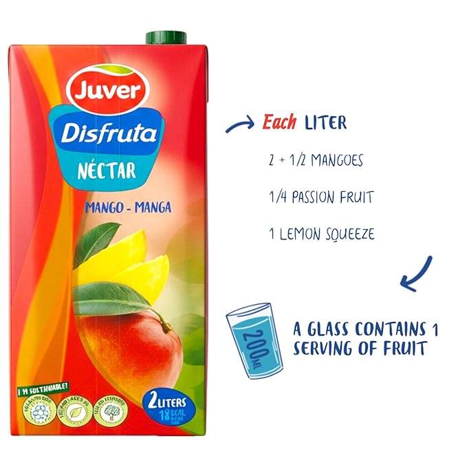 Juver Disfruta Sugar-Free Spanish Mango Fruit Drink 2 Liters (67.6 fl oz).Natural Fruit nectar No Added Sugars 6 Pack Box Delicious Healthy Mango Nectar Drink – Made from Premium Sun-Dried Spanish