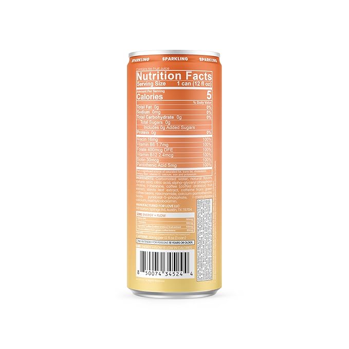 Be LOVE Energy + Flow – 80mg Natural Caffeine L-Theanine &amp Alpha-GPC for Clean Calm Focus – Zero Sugar Low Calorie 100% DV B-Vitamins – Non-GMO Vegan – 12 fl oz (Pack of 12) (Peach Power)