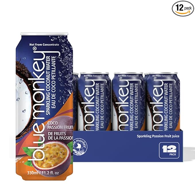 Blue Monkey Sparkling Coconut Water with Passion Fruit - 99.7% Coconut Water &amp Juice Blend - No Sugar Added All Natural Shelf Stable - Lightly Carbonated Tropical Beverage - 11.2oz (330ml) 12-Pa