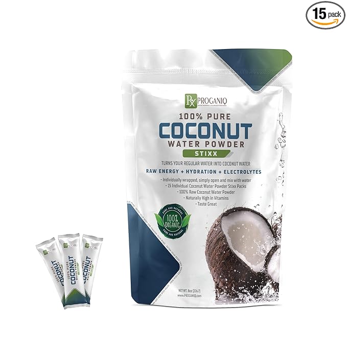X PROGANIQ Coconut Water Powder Stixx - Pure Coconut Electrolyte Drink in Travel Size Packets - 15 Count - Turn Water into Coconut Water - Ideal for On-the-Go Hydration - Easy Portable and Refreshing