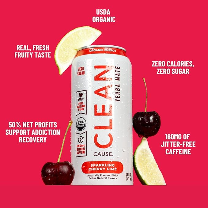 CLEAN Cause Zero Sugar Cherry Lime Yerba Mate Tea Sparkling USDA Organic Energy Drink Alternative Zero Calorie 160mg Natural Caffeine Soda Alternative Plant-Based (16oz cans 12-Pack Case)