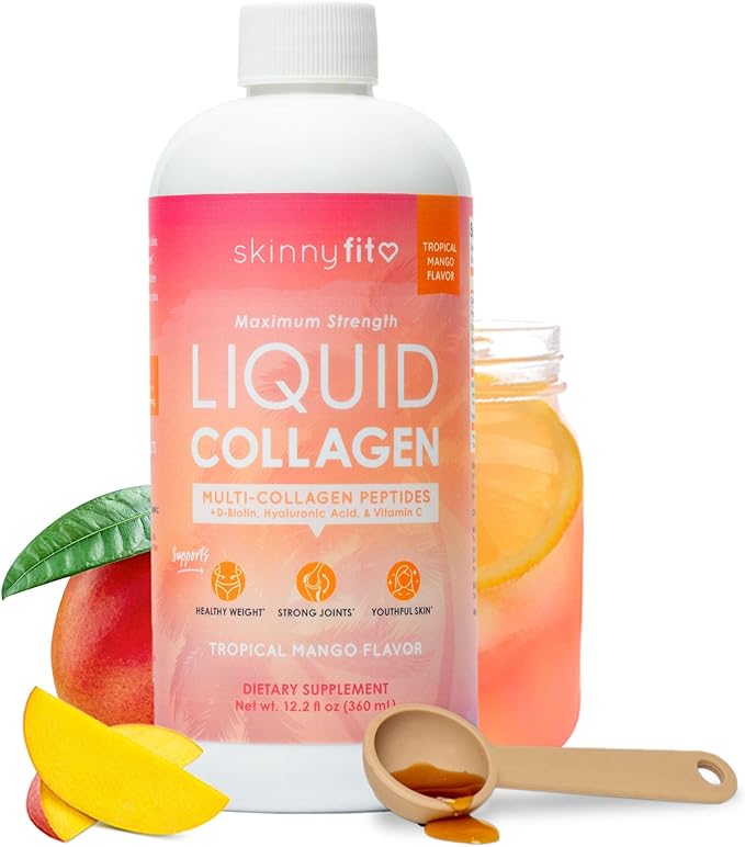 SkinnyFit - Liquid Collagen Tropical Mango (24 Servings) - Multi Collagen Peptides - D-Biotin Hyaluronic Acid Vitamin C - Non GMO Gluten Free - Dairy &amp Sugar Free - Body &amp Skin Care - 12.2