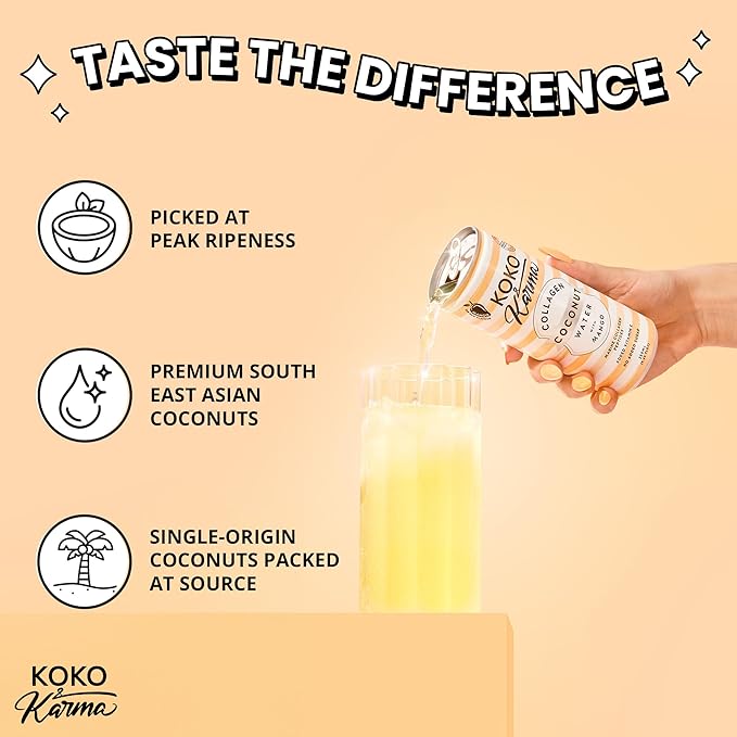 Koko &amp Karma – Pure Coconut Water with Marine Collagen Peptides &amp Mango Refreshing Taste with No Added Sugar or Preservatives – 12 Pack – 16.9 Ounce Cans