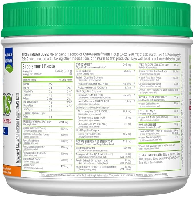 ALLMAX Naturals CytoGreens Super Greens Powder Premium Green Superfood with Greens Superfoods Prebiotic &amp Enzymes Daily Greens Supplement Orange Vanilla - 315g 30 Servings