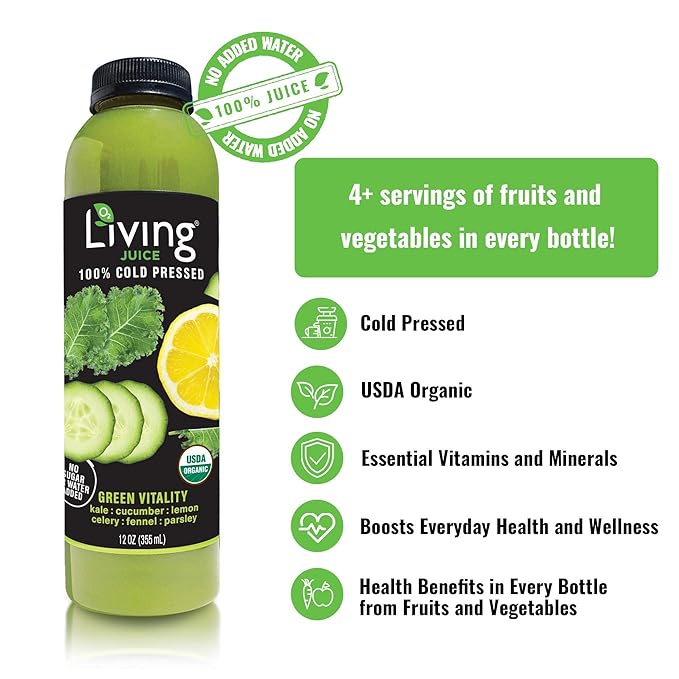 O2 Living Juice Cold Pressed Drink - Green Vitality Organic Juice Variety Pack - No Added Sugars or Water Naturally Sweetened from Fruits Rich in Nutrients &amp Vitamins - 12oz (6-Pack) + 4oz (5-Pa