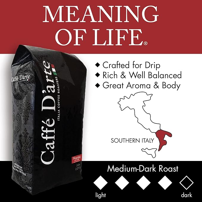 Caffe D’arte Meaning of Life Ground Coffee – Medium‑Dark Roast Well‑Balanced Flavor Roasted in Seattle Ideal for Drip Brewing 5 lb