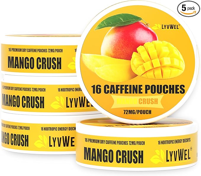 LyvWel 72mg Caffeine Energy Pouches – Mango Crush – Tropical Clean Energy with Guarana – 5-Pack (80 Total Pouches)