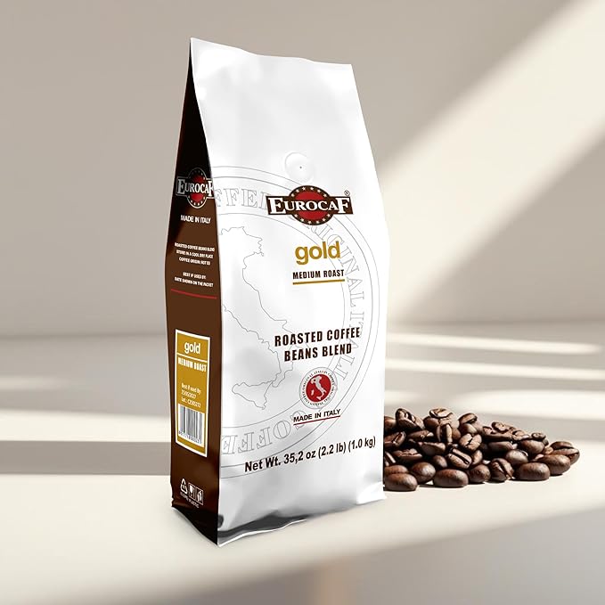 Eurocaf Blend Gold Whole Bean Coffee Medium Roast 2.2 Ib Original Italian Coffee (Pack of 1)