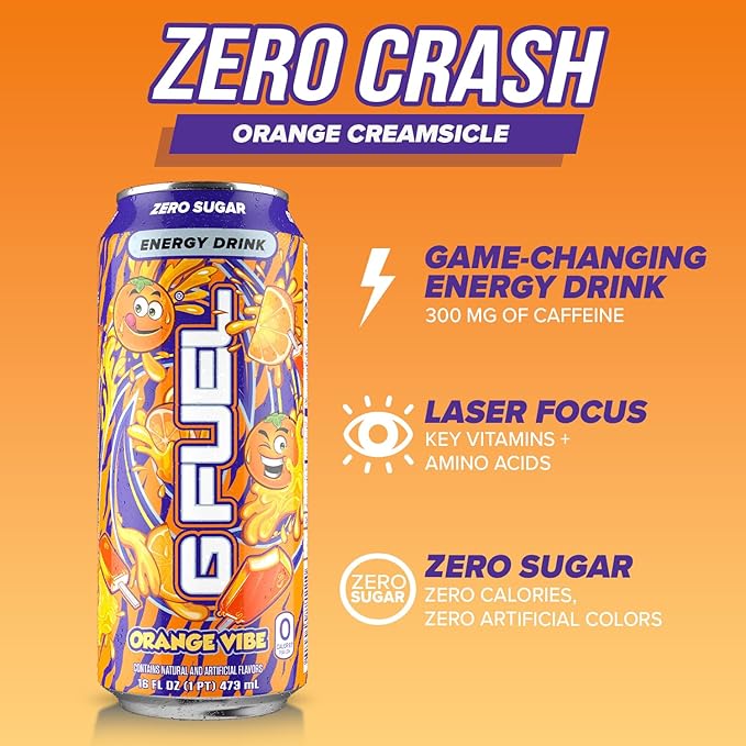 G Fuel Energy Drink Orange Creamsicle Sugar Free Beverage with 300mg Caffeine Daily Energy Boost with Focus Amino Vitamin + Antioxidants 16 oz Cans (Orange Vibe 12-Pack)