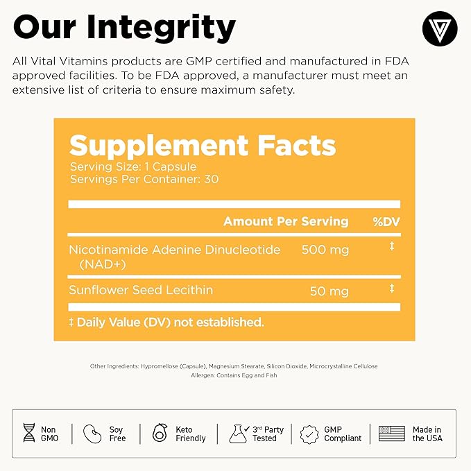 Vital Vitamins NAD Supplement - NAD+ (Nicotinamide Adenine Dinucleotide) for Men &amp Women - Made with Liposomal Delivery - Cellular Anti-Aging Support Energy Focus - 30-Day Supply