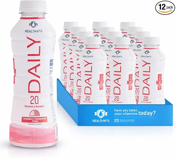 Healthwtr Daily Enhanced Water – Strawberry Pomegranate Flavor 20 Vitamins &amp Nutrients Antioxidants &amp Electrolytes 0 Calories 0 Carbs 0 Sugar Caffeine Free 12-Pack Bottles