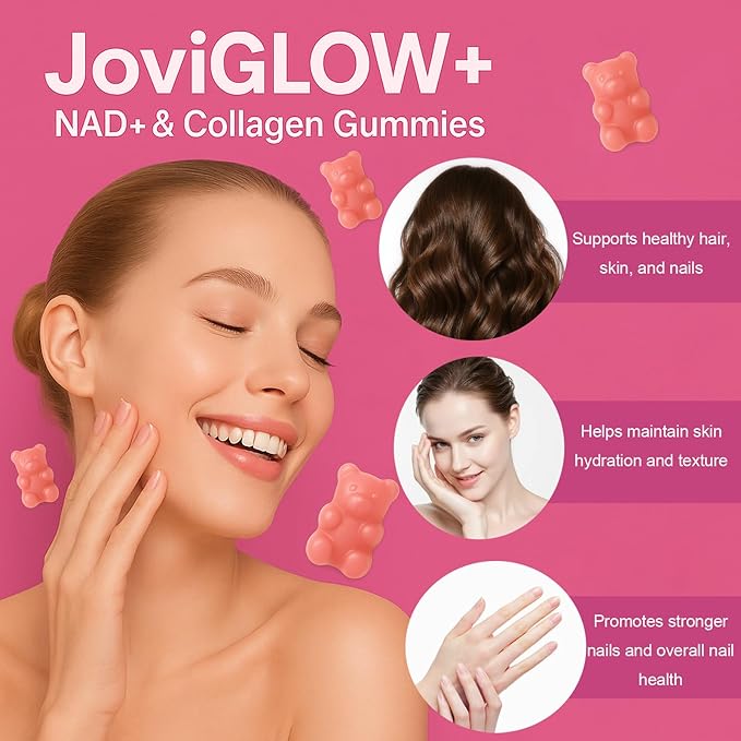 AIFBENK Jovi Glow+ NAD+ &amp Collagen Gummies with Hydrolyzed Collagen Peptides Resveratrol Hyaluronic Acid &amp Vitamin C Anti-Aging Supports Skin Hair &amp Nail Wellness Daily Vitality Gum
