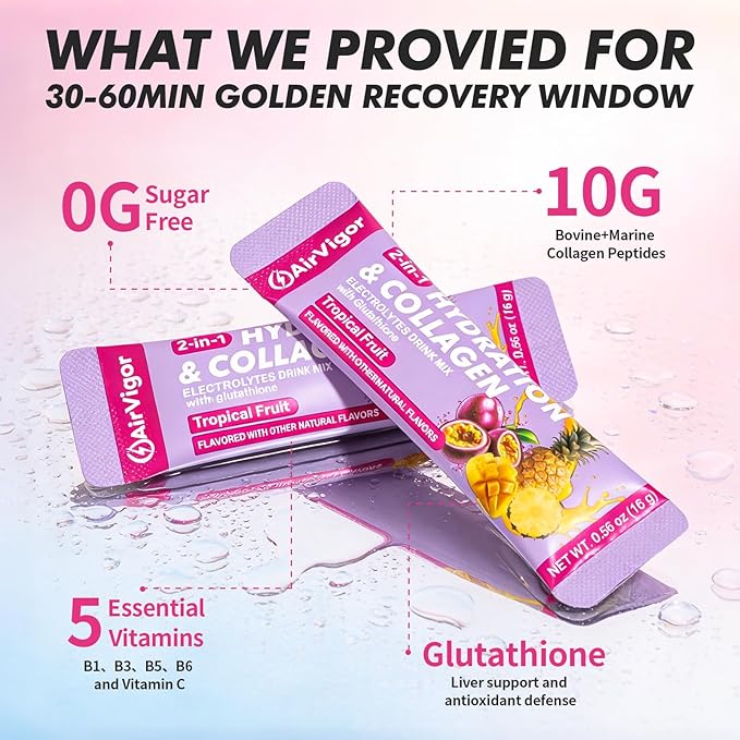 Electrolyte Collagen Powder Packets 10g Collagen Protein Drink Mix for Hydration Recovery Zero Sugar 2-in-1 Post Workout Rehydration Joint Skin Muscle Support 5 Vitamins Tropical Fruit