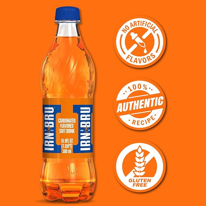 IRN-BRU Original Scottish Sparkling Soda Citrus Flavored Carbonated Drink - Sparkling Flavored Soft Drink 32 Flavor Recipe 16.9 fl oz Bottles Pack of 6