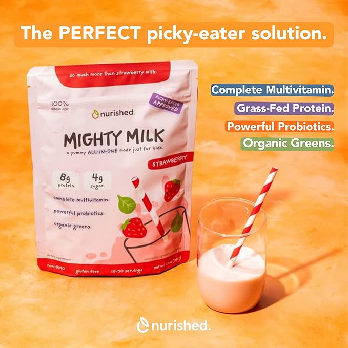 Mighty Strawberry Milk - Kids All-in-One Daily Protein Powder &amp Multivitamin Boosted with 2 Billion Probiotics &amp Organic Spinach - Natural Flavors Colors &amp Sweeteners - 15-30 Servings