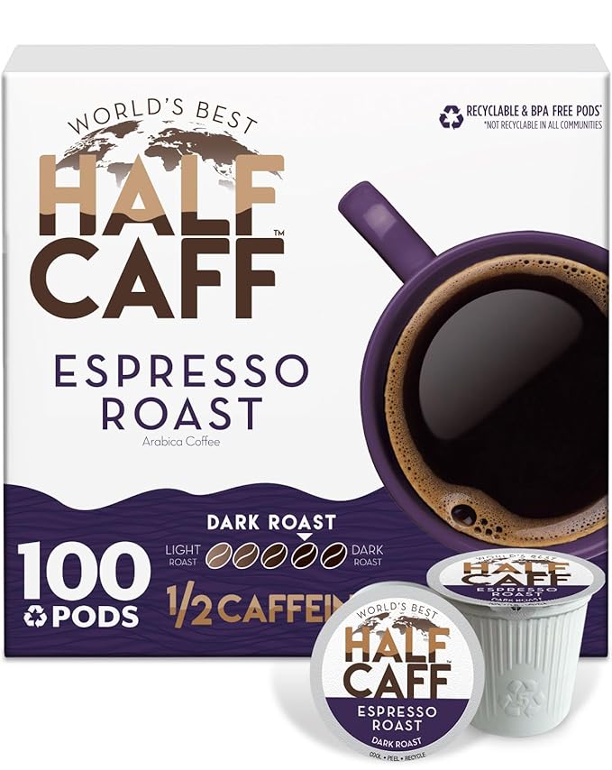 World's Best Half Caff Espresso Roast Coffee Pods 100 ct Dark Roast in Single Serve Pods – 100% Arabica Coffee Compatible with Keurig K Cups Maker