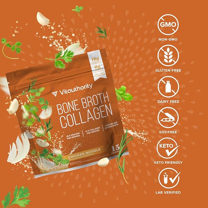 Vitauthority Multi Collagen Burn Capsules: Hydrolyzed Protein Peptides with Hyaluronic Acid and Bone Broth Collagen Delicious Chicken Noodle Flavored - Packed with 16g of Protein