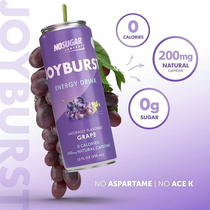 No Sugar Joyburst Energy Drink Grape 0 Calorie 0 Sugar Sugar Free Energy Drink with Natural Caffeine Hint of Sweetness and Refreshing Sparkling Water - 12 Packs