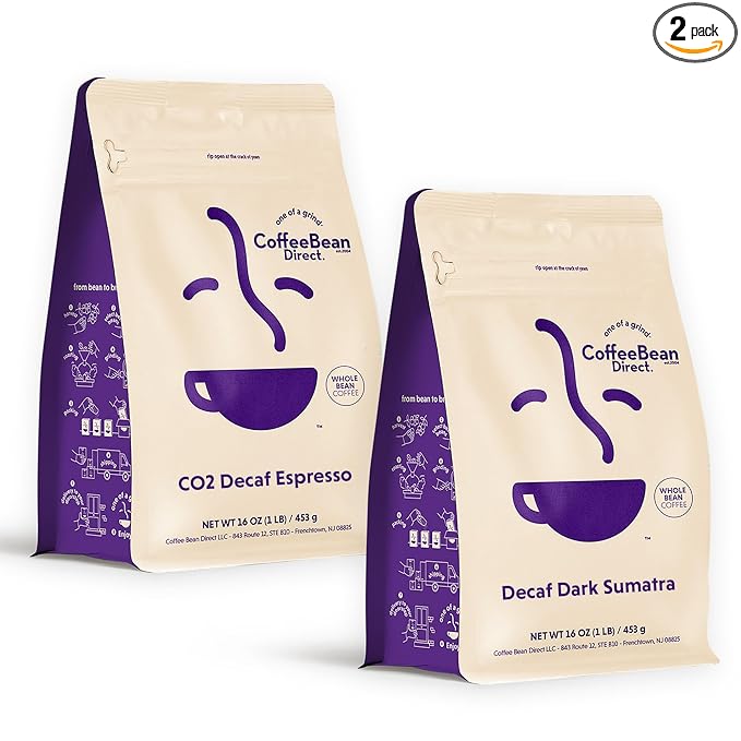Coffee Bean Direct Bold Decaf Coffee Variety Bundle – Espresso &amp Sumatra Whole Bean Dark Roast 1 Pound Bags (Pack of 2)