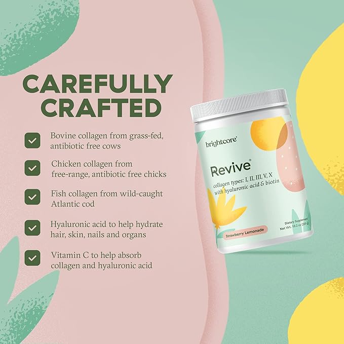 Brightcore Nutrition Revive Multi Collagen Protein Powder with Vitamin C and Hyaluronic Acid Non-GMO Gluten-Free Collagen Powder for Women and Men Strawberry Lemonade Flavor 30 Servings