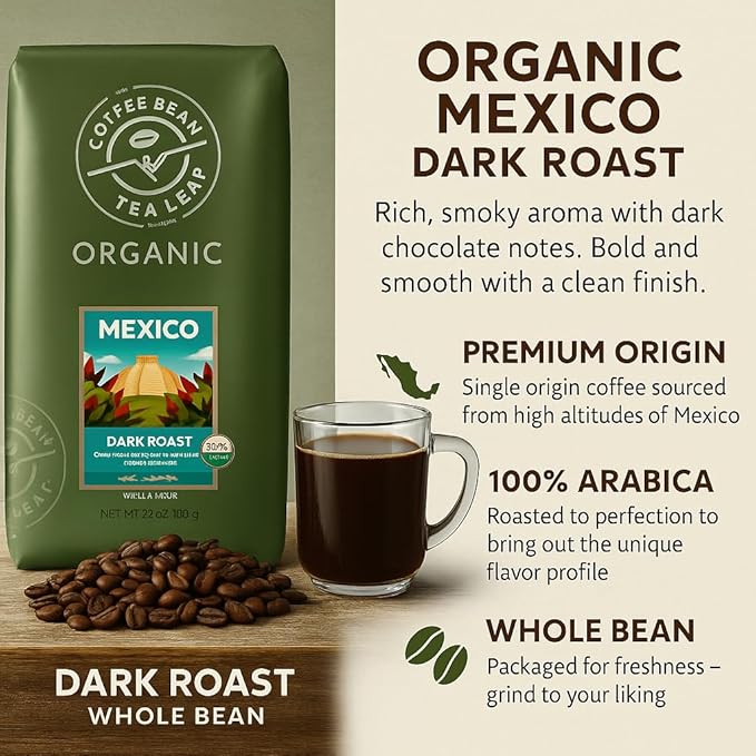 Organic Mexican Coffee Beans - Dark Roast Whole Bean Arabica - 32oz Premium Single Origin - Smoky Aroma &amp Dark Chocolate Notes - Gourmet Coffee