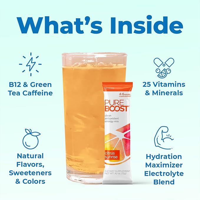 Pureboost Clean Energy Booster Refreshing Energy Drink Mix with B12 Vitamins Electrolytes Antioxidants Sugar-Free with No Sucralose (Combo Pack 30 Count)