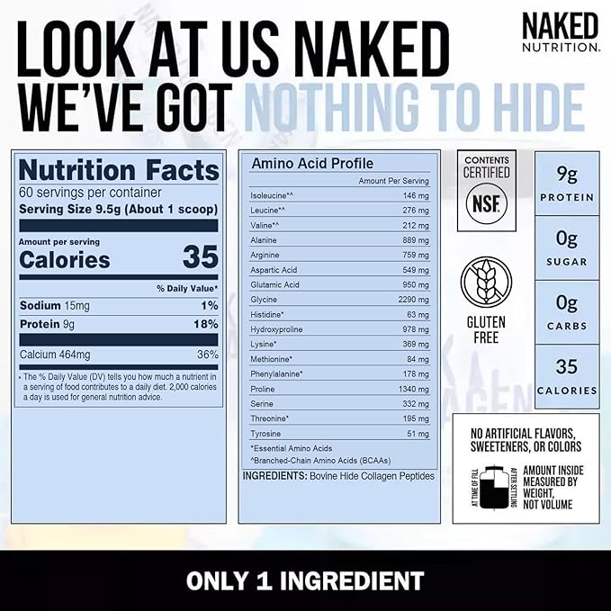 NAKED Collagen Peptides Protein Powder 60 Servings Pasture-Raised Unflavored Grass-Fed Hydrolyzed Collagen Supplement NSF Certified Paleo Friendly Non-GMO Keto Gluten Free 20oz