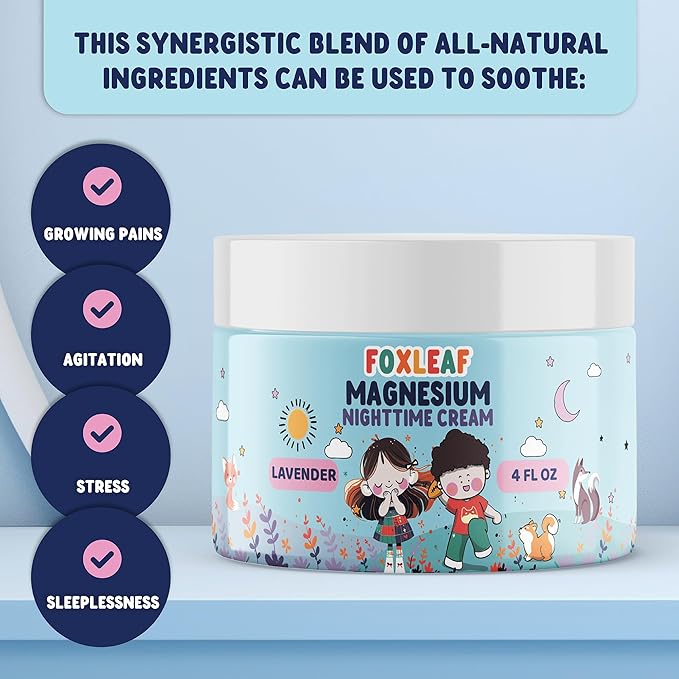 Magnesium Cream For Kids - Supports Sleep &amp Comfort with Aloe Vera Shea Butter Dandelion Root Extract &amp Lavender Scented - Made In USA - 4oz