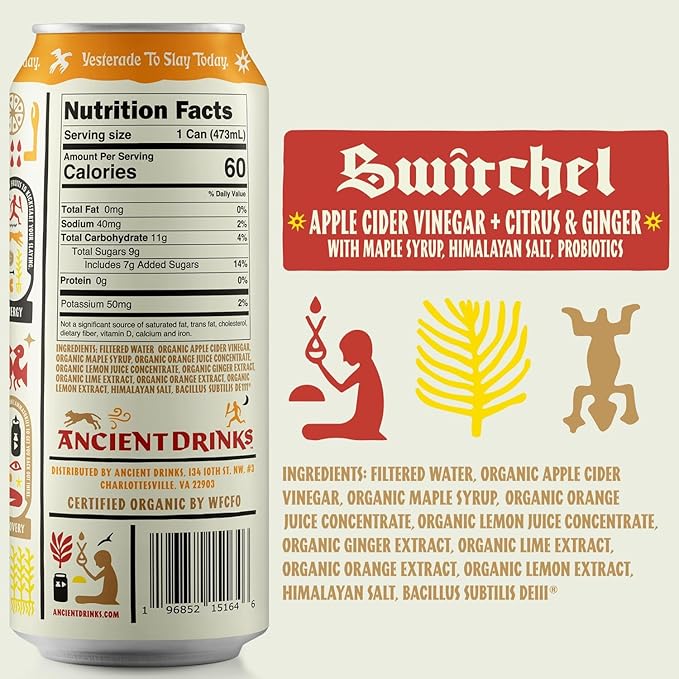 ANCIENT DRINKS Switchel Apple Cider Vinegar Drink – Organic Electrolyte Hydration Beverage with Probiotics – Ginger Citrus ACV Sports Drink – 16 oz Cans 12 Pack