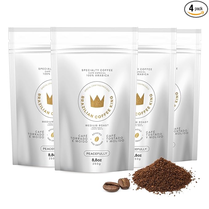 4-Pack Specialty Coffee Peacefully – Arabica Roasted Ground on the Farm – Freshness and Authentic Flavor Notes of Chocolate Vanilla Nuts – Carefully Harvested Medium Roast – Brazilian Coffee King