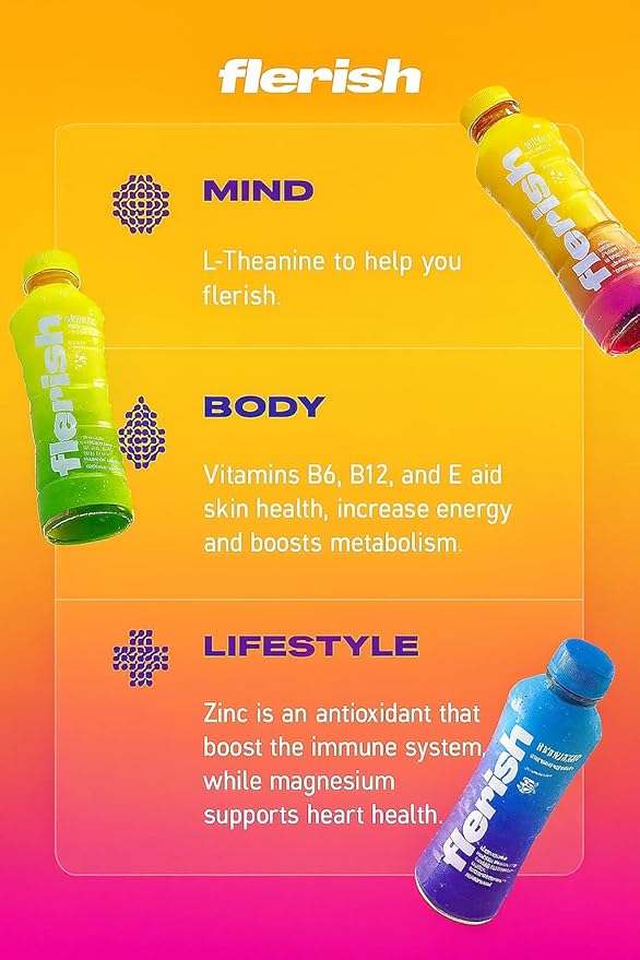 FLERISH Enhanced Hydration Drink Mixed Berry Flavor - Watermelon Based Electrolytes with L-Theanine &amp Magnesium 16 fl oz (Pack of 12)