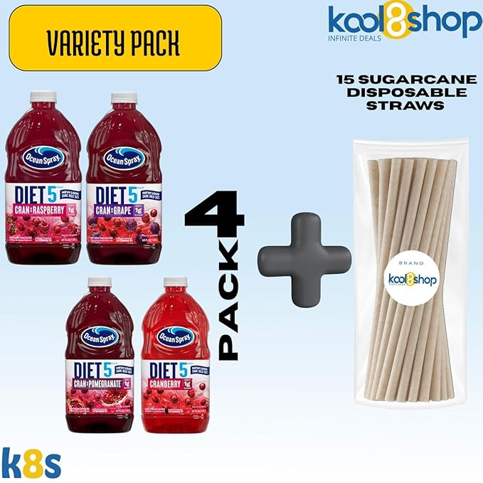 Ocean Spray Diet Variety Pack Juice Drink 64 fl oz Plastic Bottle 4 Pack + 15 Sugarcane Disposable Straws by KOOL8SHOP Infinite Deals