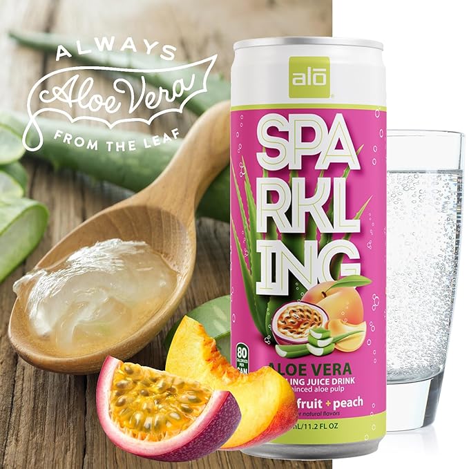 ALO Sparkling Passion Fruit &amp Peach Carbonated Aloe Vera Juice Drink | 11.2 fl oz Pack of 6 | Plant-Based Beverage Vegan