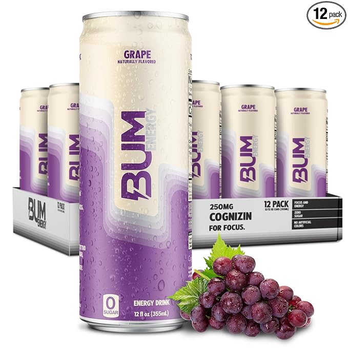 BUM Sugar-Free Energy Drink Grape - Lightly Carbonated &amp No Artificial Colors Natural Caffeine &amp Citicoline for Energy &amp Focus Brain Boost &amp Workout Sports Beverage - 12 oz Pack of