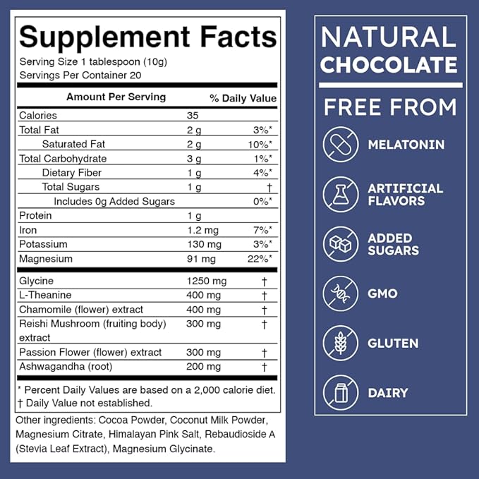 Brainoa Sleep Cocoa for Chocolate Lovers – With Magnesium Glycinate Ashwagandha Reishi Mushroom &amp L-Theanine – Bedtime Sleep Aid Drink for Adults – No Melatonin Added Sugar or Artificial Flavo