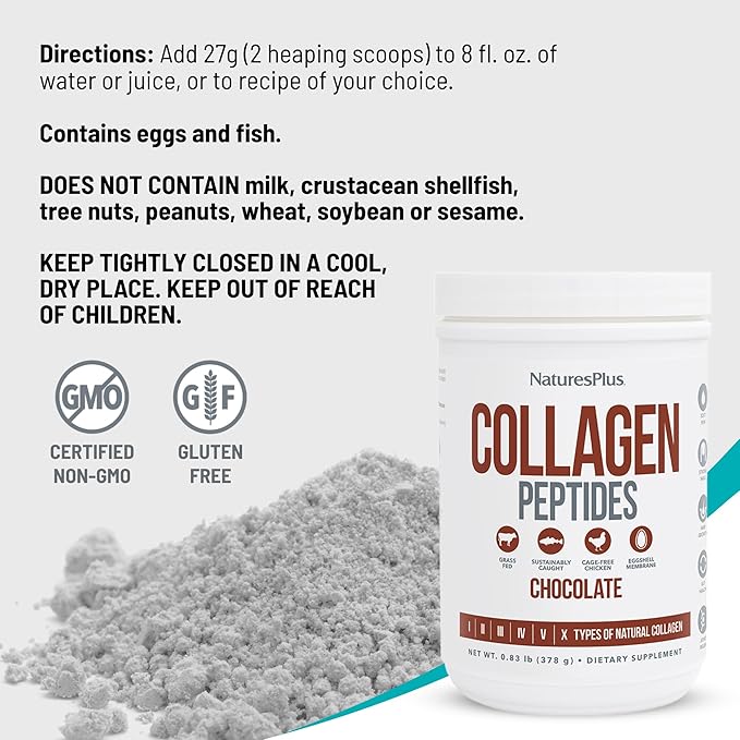 NaturesPlus Collagen Peptides Chocolate - 0.83 lb Powder - Hair Skin Nail &amp Joint Health Immune System Support - Non-GMO Gluten Free - 14 Servings