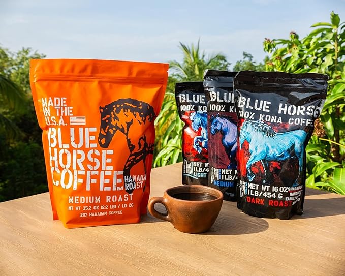 Blue Horse 'Gentle Giant' Hawaiian Roast Arabica Whole Beans Blend (20% Kona) Medium Roast 2.2 Lbs (35 oz)