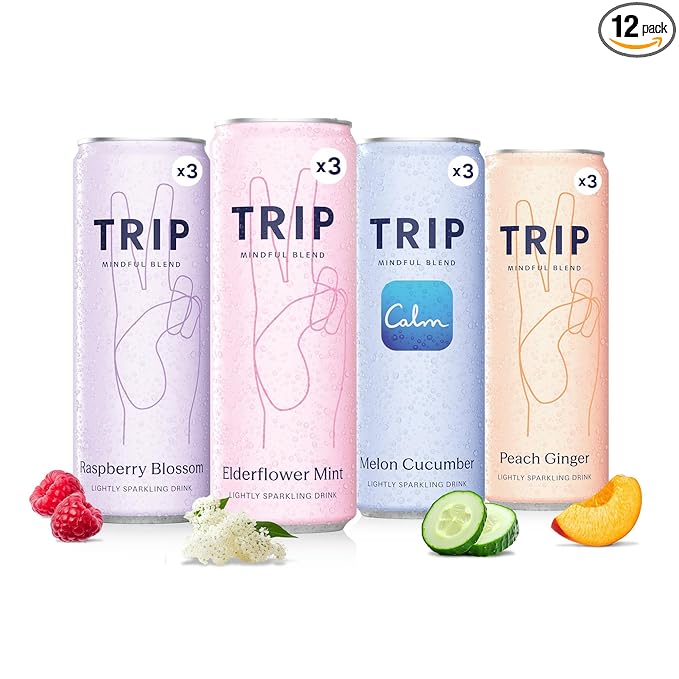 TRIP Lightly Sparkling Adaptogen Seltzer Non-Alcoholic Mocktail with Magnesium Ashwagandha Lions Mane &amp L Theanine No Added Sugar Vegan Original Variety Pack 12 Oz 12Pk