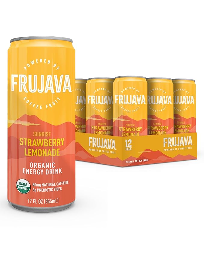 Organic Energy Drink Sunrise Strawberry Lemonade 80mg Natural Caffeine 3g Prebiotic Fiber 12oz Can Powered by Coffee Fruit Organic Low Calorie Adventure Energy (Pack of 12)
