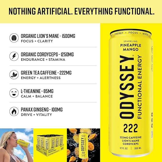 Odyssey Functional Energy Drink for Focus Cognition &amp Mood Support 12 Pack - Adaptogenic Drink with 222mg Green Tea Caffeine Lion’s Mane Cordyceps L-Theanine &amp Ginseng - Variety Pack